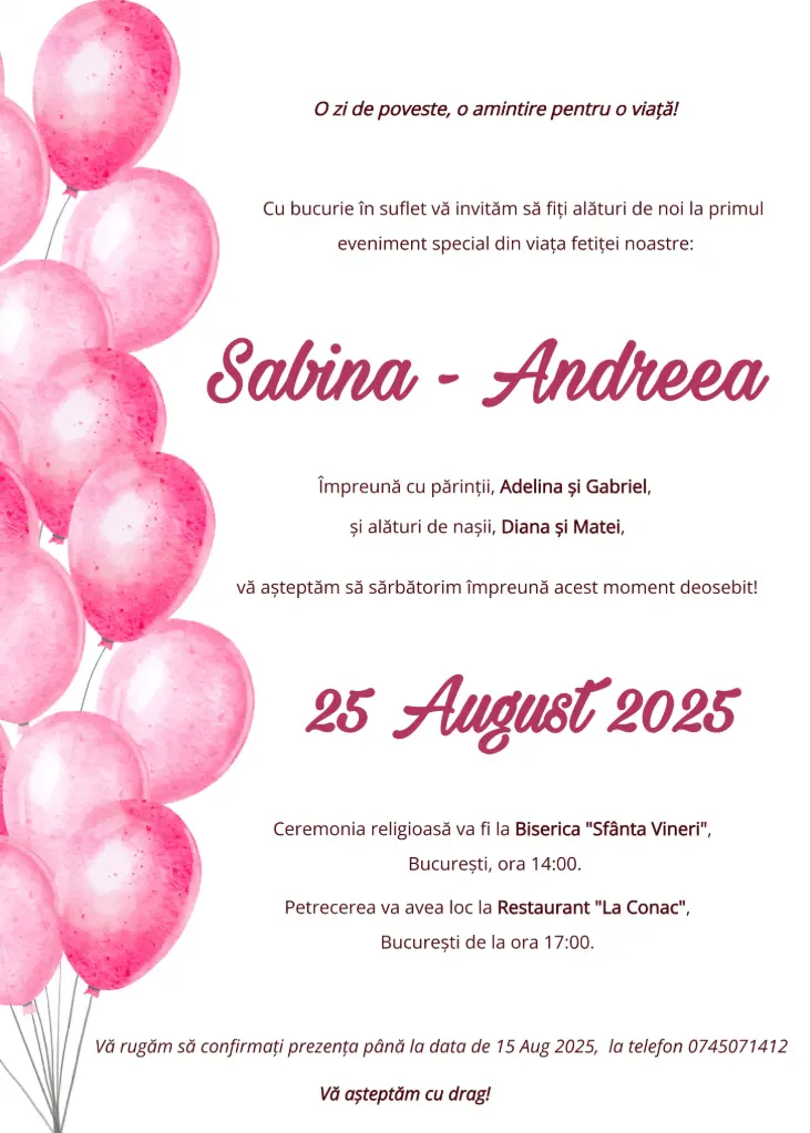 Invitație Botez - Balon Roz de Poveste