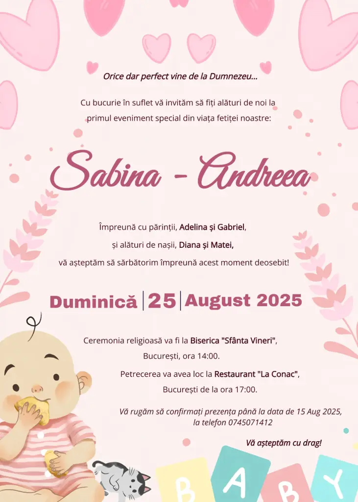 Invitație Botez - Ursulețul Inimioară