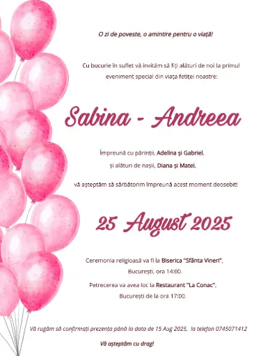 Invitație Botez - Balon Roz de Poveste