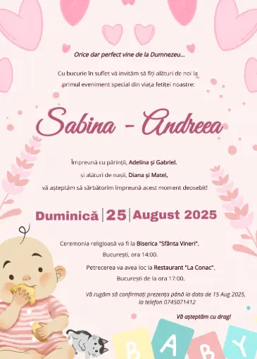 Invitație Botez - Ursulețul Inimioară